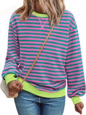 Trendy Queen striped pink and neon crewneck sweatshirt NWOT Size Small